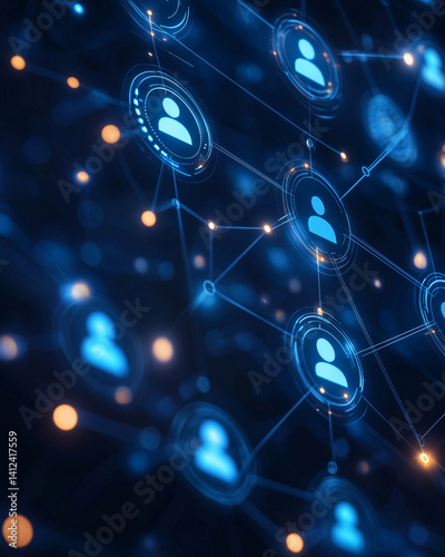 digital network of interconnected user icons on dark background represents data flow and skill gap analysis. glowing blue and orange nodes create futuristic and dynamic atmosphere