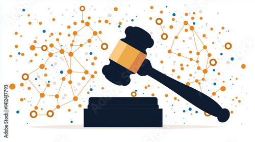 gavel rests on block, symbolizing justice and authority, with abstract orange and blue network patterns in background, conveying sense of connectivity and decision making