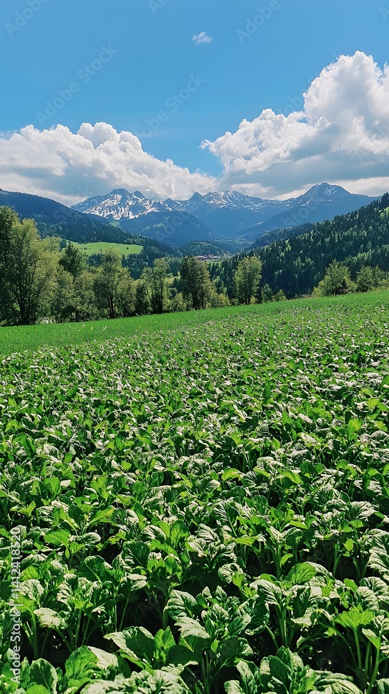 Green Meadow Landscape with Mountains and Sky Green Meadow Landscape with Mountains and Sky