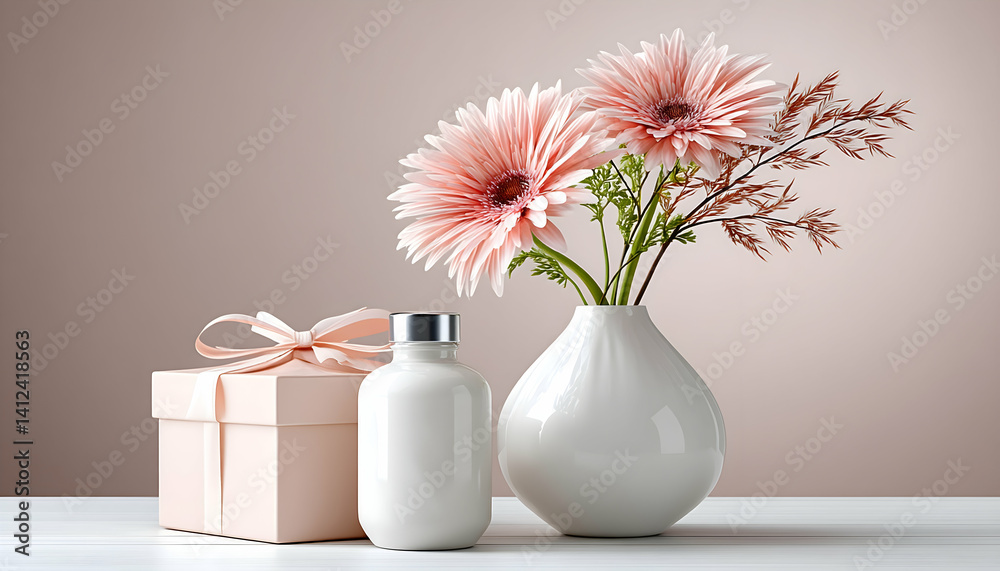 custom made wallpaper toronto digitalPink gerbera daisies in vase with gift and bottle on table