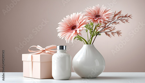 Wallpaper Mural Pink gerbera daisies in vase with gift and bottle on table Torontodigital.ca