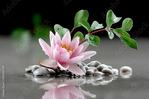 Pink water lily on grey stones with reflection, water droplets, and green leaves