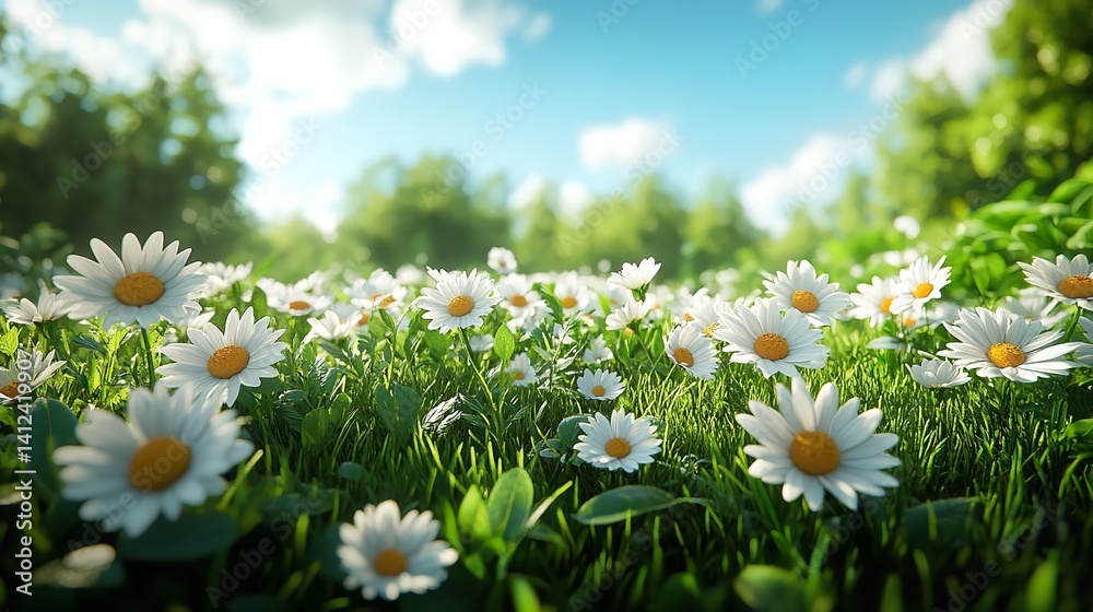 Serene daisy field basking in sunlight a vibrant summer meadow bursting with life and natural beauty