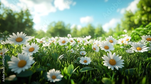 Serene daisy field basking in sunlight a vibrant summer meadow bursting with life and natural beauty
