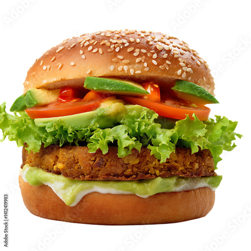 A veggie burger with avocado tomato and lettuce on sesame bun
