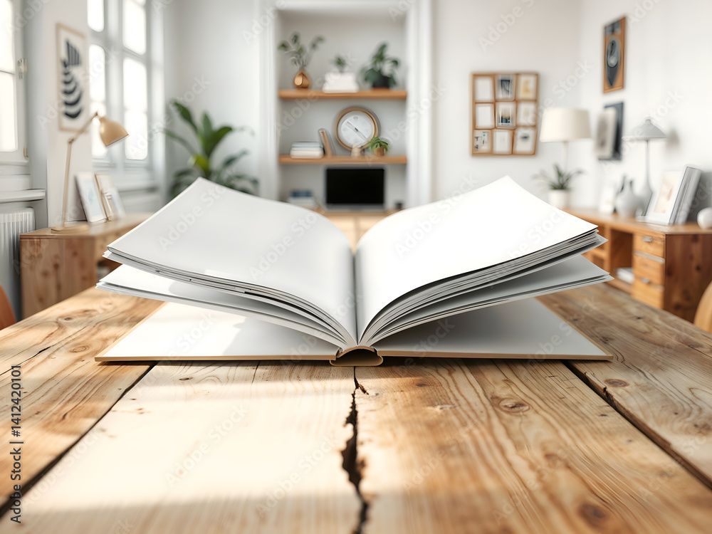 Open book on wooden desk, realistic 3D render for education or knowledge concepts. Generative AI