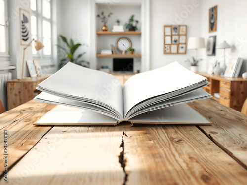 Open book on wooden desk, realistic 3D render for education or knowledge concepts. Generative AI
