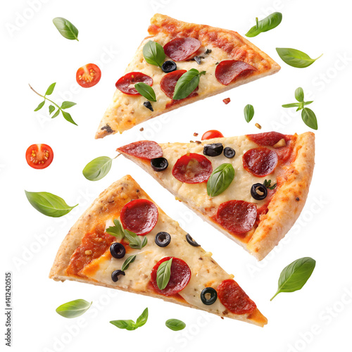 Wallpaper Mural Flying pizza slices with pepperoni and olives isolated on transparent background Torontodigital.ca