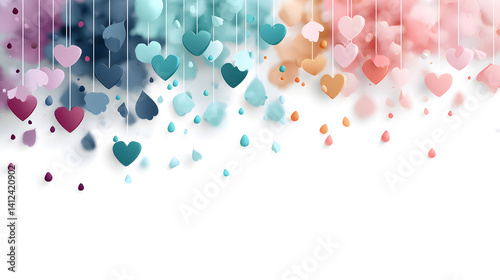 Colorful hearts in various shades hanging against a white background creating a vibrant and cheerful atmosphere for love and affection concept