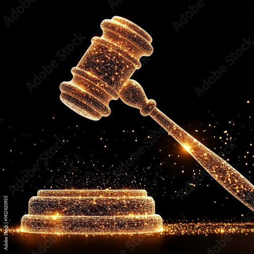 digital rendering of judge gavel composed of glowing lines and particles, symbolizing justice and technology. gavel appears dynamic against dark background, creating futuristic feel