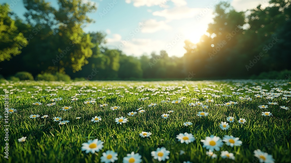 Serene daisy field at sunset vibrant green grass soft light peaceful nature scene