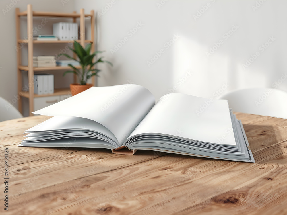 Open book on wooden desk, realistic 3D render for education or knowledge concepts. Generative AI