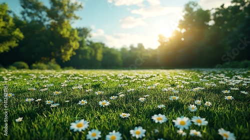 Obraz na płótnie Serene daisy field at sunset vibrant green grass soft light peaceful nature scene w salonie