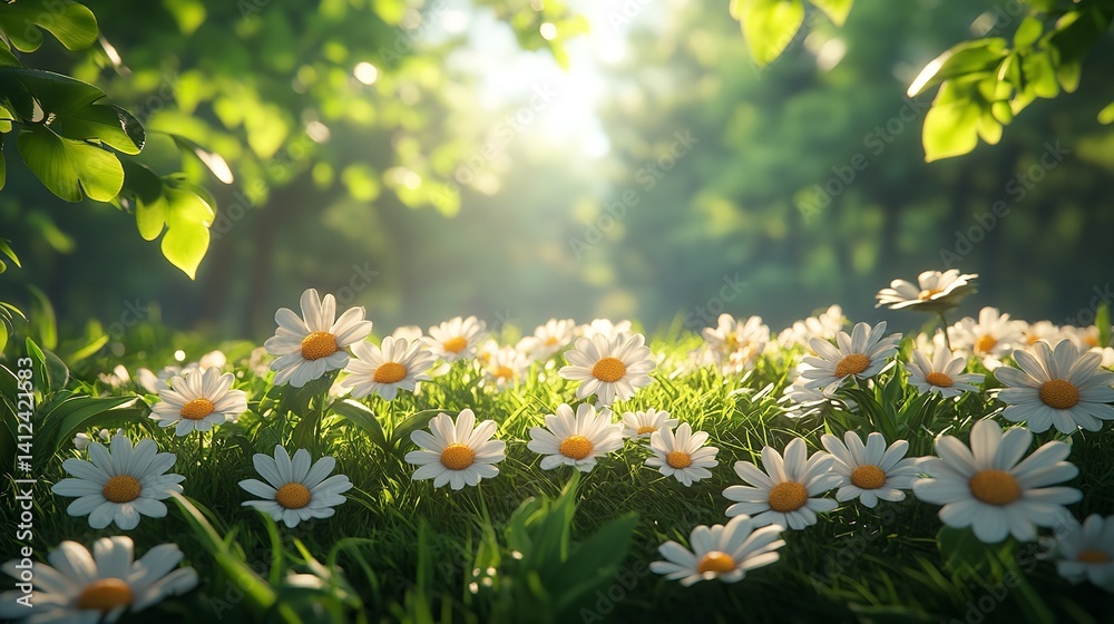 Serene field of daisies bathed in warm sunlight a peaceful meadow scene with lush green grass and