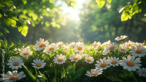 Obraz na płótnie Serene field of daisies bathed in warm sunlight a peaceful meadow scene with lush green grass and w salonie