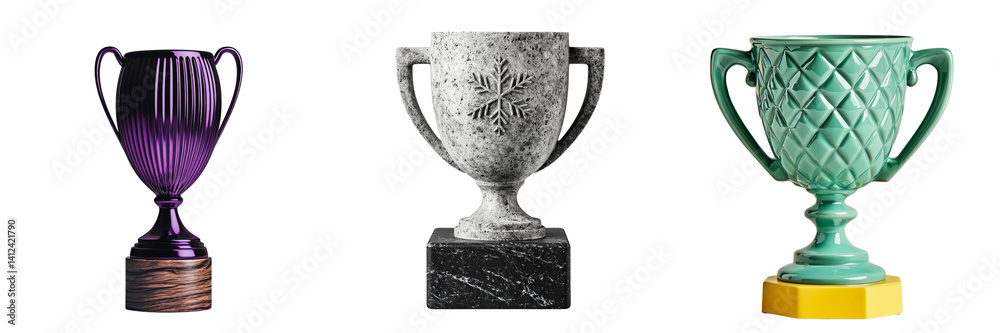 Png of Three stylish trophies in varying colors and designs, showcasing elegance and achievement in awards decor. Png of Three stylish trophies in varying colors and designs, showcasing elegance and achievement in awards decor.