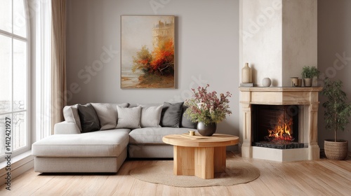 Cozy living room with a light grey sectional sofa, a wooden coffee table, and a fireplace. Autumnal-themed artwork adds warmth.