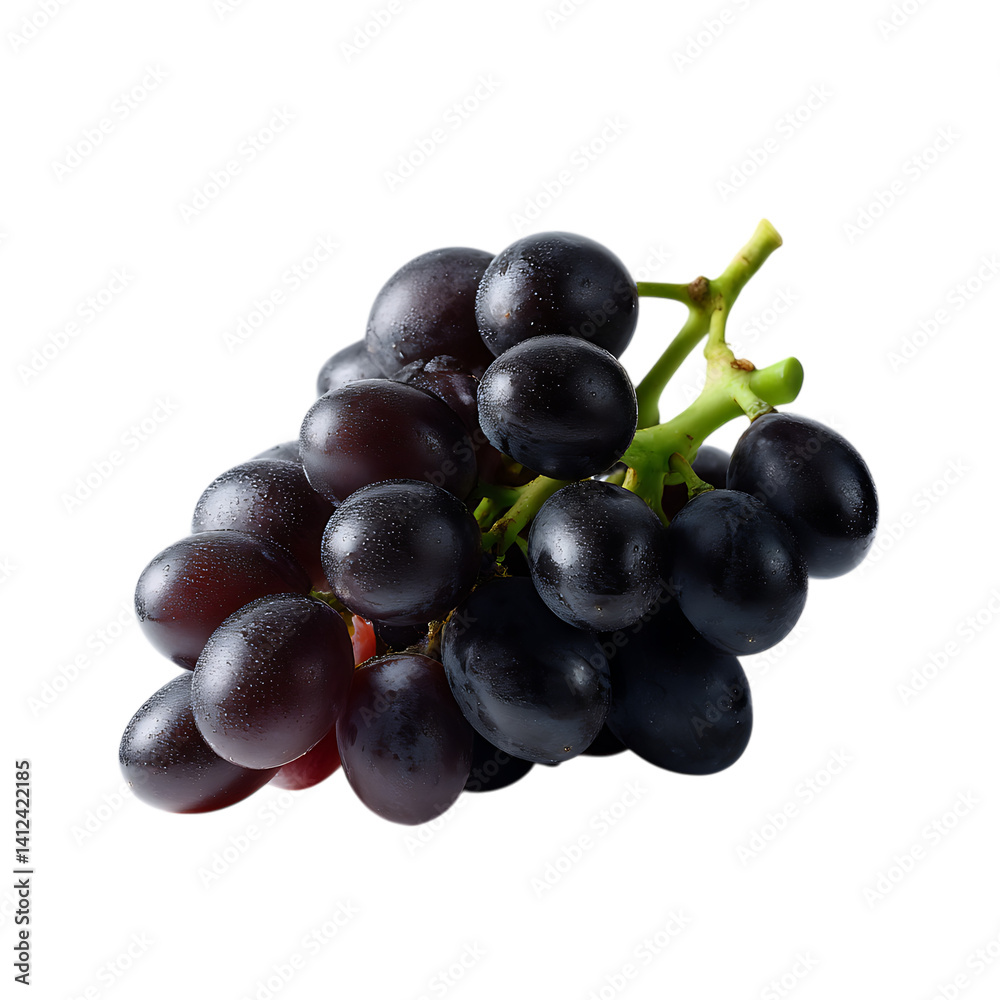 Fototapeta premium A bunch of dark purple grapes with green stem on black background