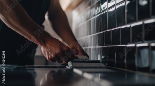 Tiler aligning tiles for a kitchen backsplash. Featuring meticulous alignment and focus