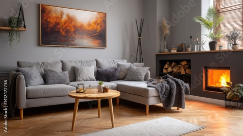 Cozy living room with a sectional sofa, fireplace, and artwork featuring warm autumnal colors. The space is relaxing and inviting.