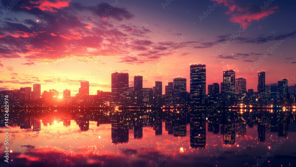 Digital Sunset over Skyscrapers Digital Sunset over Skyscrapers
