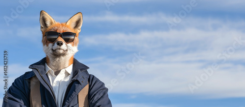 Fox with Sunglasses on Blue Sky with Clouds: Anthropomorphic Fox wearing Sunglasses and Jacket on Panoramic Sky Background with Copy Space