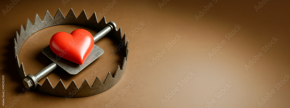 Heart in bear trap symbolizing emotional danger or heartbreak on brown background with copyspace for design or banner template concept mockup.