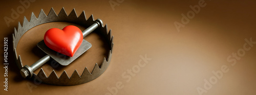 Obraz na płótnie Heart in bear trap symbolizing emotional danger or heartbreak on brown background with copyspace for design or banner template concept mockup. w salonie