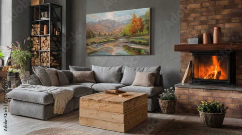 Cozy living room with a sectional sofa, a rustic wooden coffee table, and a large landscape painting above a fireplace.