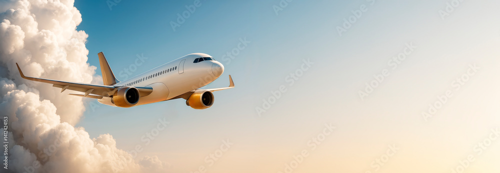 Airplane flying through clouds during sunrise with clear sky and empty space for design or travel-themed banner or presentation template.