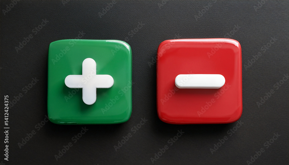 Fototapeta premium Bright green plus and red minus 3D icons. Minimalistic design. Isolated on dark backdrop.