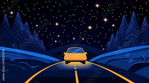 car drives along winding road under starry night sky, surrounded by tall pine trees. scene is illuminated by car headlights, creating serene and adventurous atmosphere