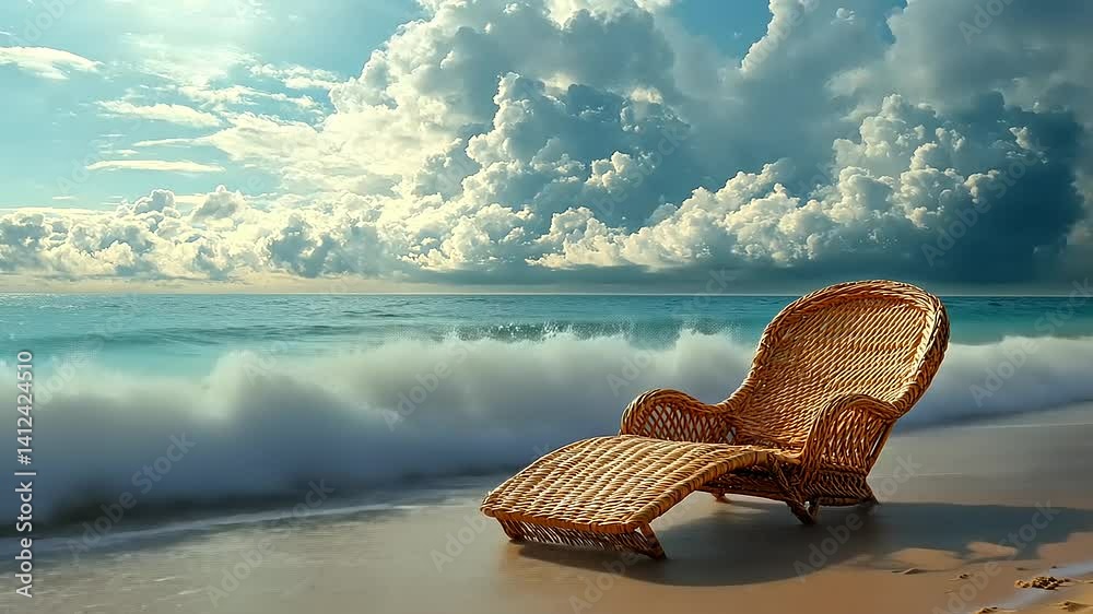 Tranquil beach scene with a wicker lounge chair by the shore, waves crashing, and dramatic clouds