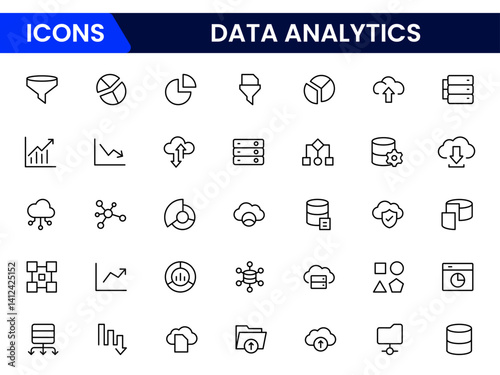 Data analytics web icons set in thin line design. Pack of database, big data process, ai, monitoring, traffic, hosting service, optimization, backup, chart and other. Vector outline stroke icon design