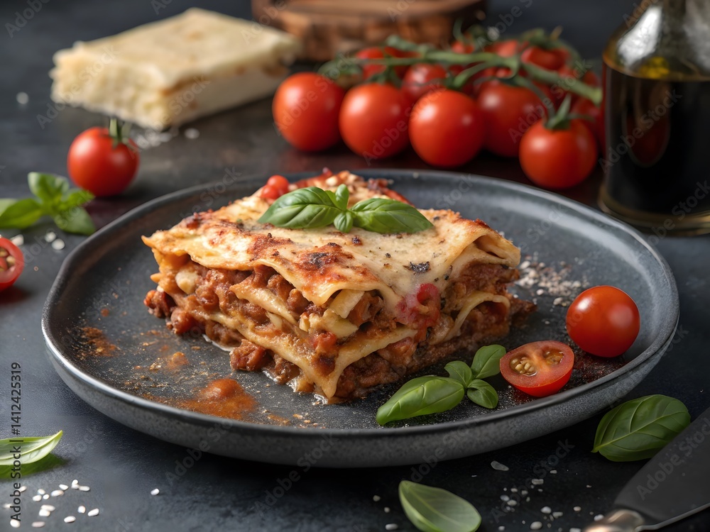 Delicious Homemade Lasagna with Fresh Basil Garnish Delicious Homemade Lasagna with Fresh Basil Garnish