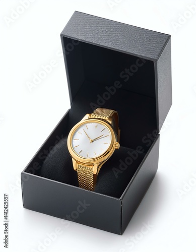 Elegant gold watch in a stylish black gift box, perfect for special occasions.