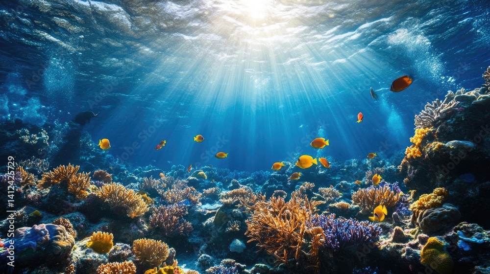 Underwater background with deep blue sea and beautiful sun rays