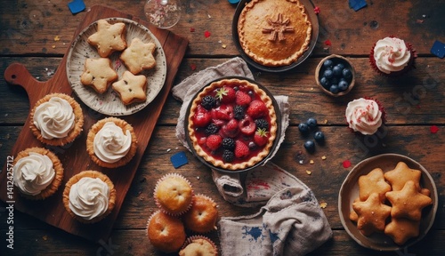 Cupcakes with white frosting and cookies in star shapes arranged with berry pies and festive red, white, and blue decorations on rustic wooden table