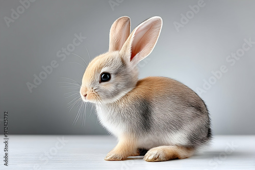 Adorable young rabbit with grey and tan fur sitting on a white surface against a neutral background