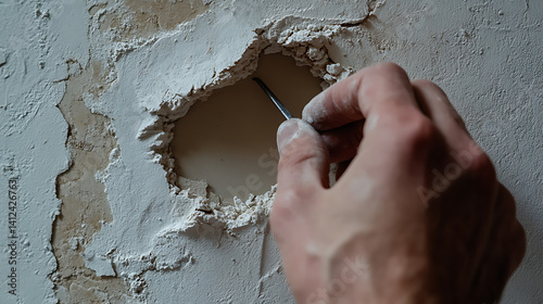 Drywall installer repairing a hole in a wall. Highlighting drywall patching and home repairs