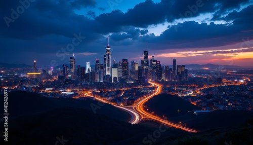 time lapse of city skyline turning from day to night, vibrant lighting