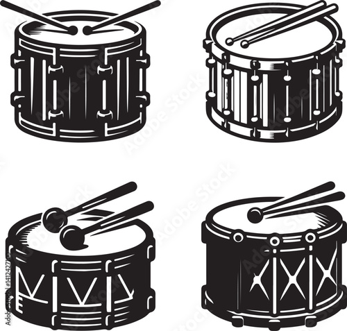 Drum with drumstick silhouette illustration set