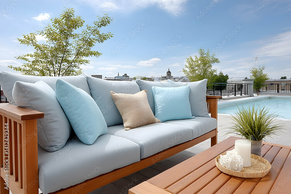 Relaxing outdoor patio scene with wooden furniture, light blue cushions, and a pool view