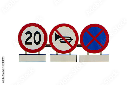 Do Not Enter or no entry Blue and red cross aluminum circle sign  isolated on cut out PNG or transparent background. Rules for road users. Regulatory. No horn sign, 20 Speed Limit Road Sign.