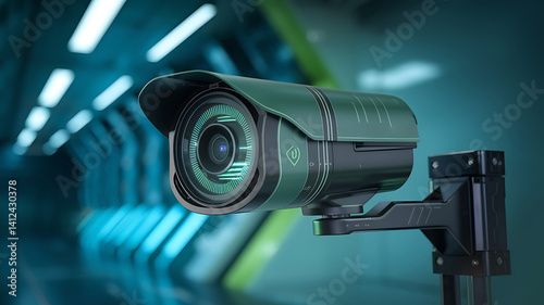 A modern surveillance camera teal and black pointed forward with futuristic design against a blurred teal-lit background.