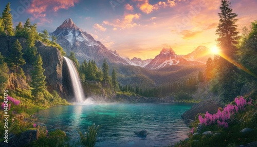Serene mountain landscape with waterfall cascading into a vibrant turquoise lake