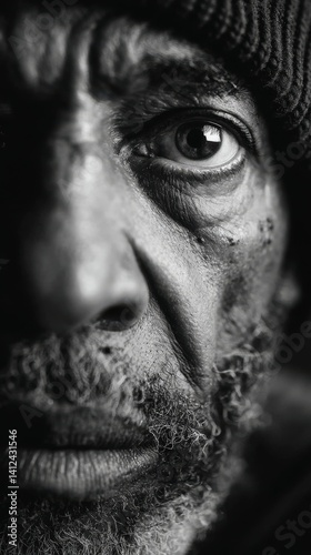 Black and White Portrait of an Elderly Homeless Moroccan Man with Deep Wrinkles and Expressive Gaze
