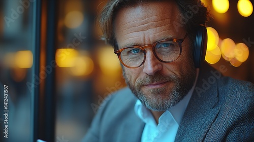 Obraz na płótnie Serene man listening music headphones glasses night warm lighting blurred background w salonie