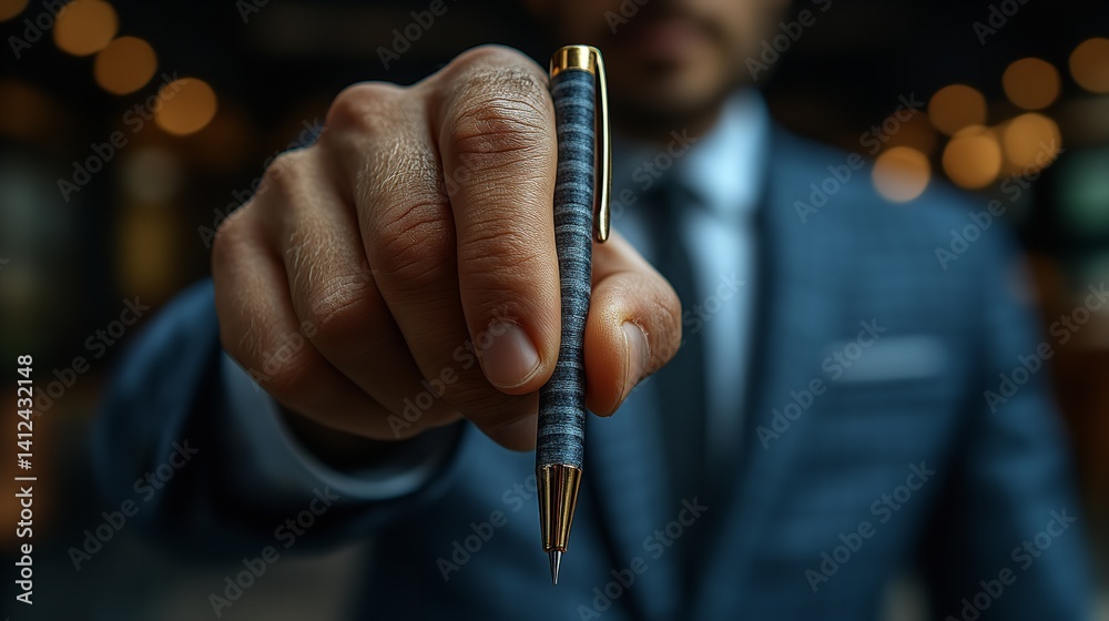 A businessman extends a sophisticated pen a symbol of deals and opportunities in a close up shot