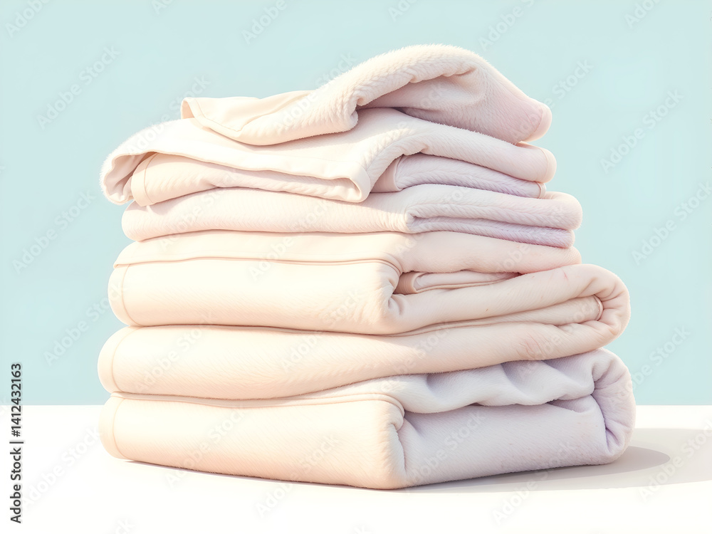 Stack of clean white towels on a light background, symbolizing hygiene, spa, or laundry. Generative AI